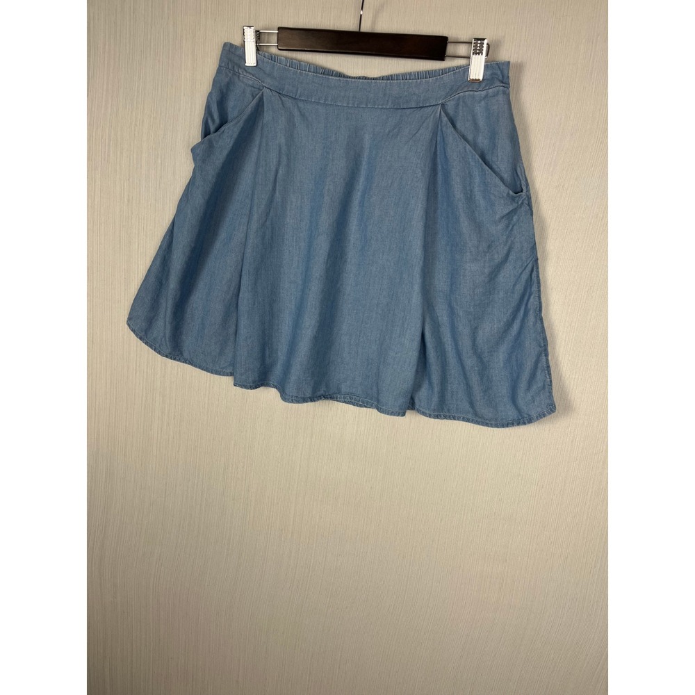 Chambray Mini Skirt M Blue Lyocell Elastic Waist Pockets Cottage Clean Girl